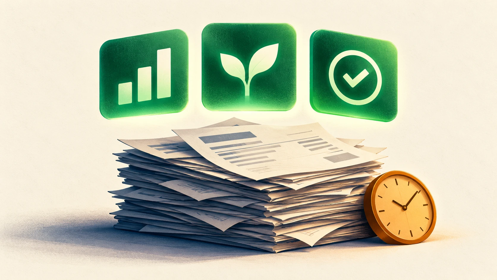 Illustration: three green dashboard indicator tiles floating above a stack of unpaid paper invoices marked with a small amber clock.