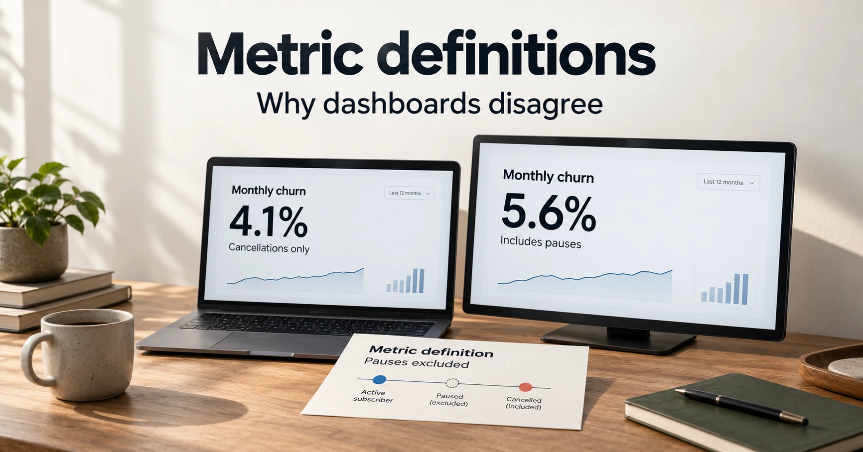 Metric definitions: two dashboards show 4.1% and 5.6% monthly churn because one counts pauses as churn.